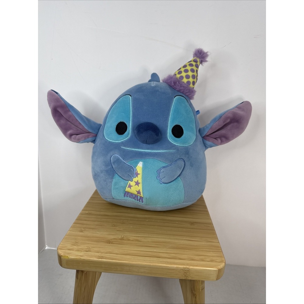 Squishmallows Disney Birthday Stitch 8" Inch Wearing‎ Yellow Party Hat EUC
